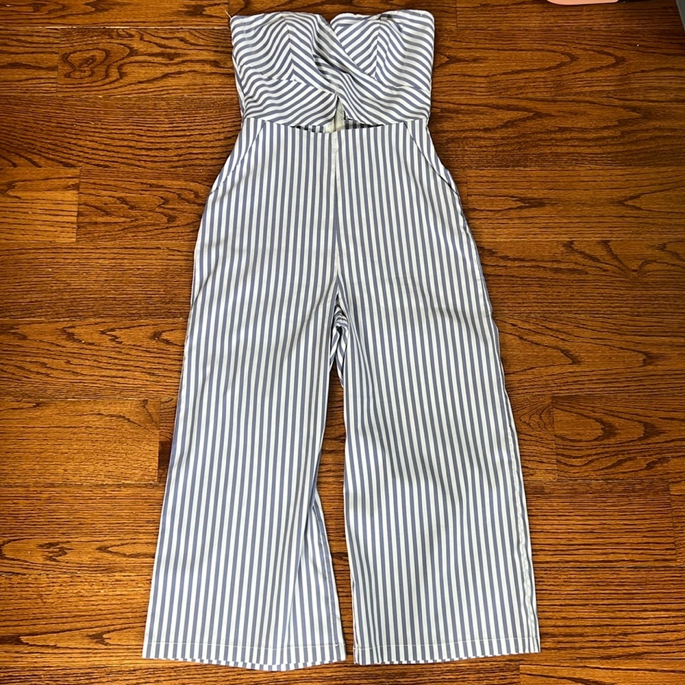 Mystique Boutique Striped Strapless Wide Leg Jumpsuit With Cutout